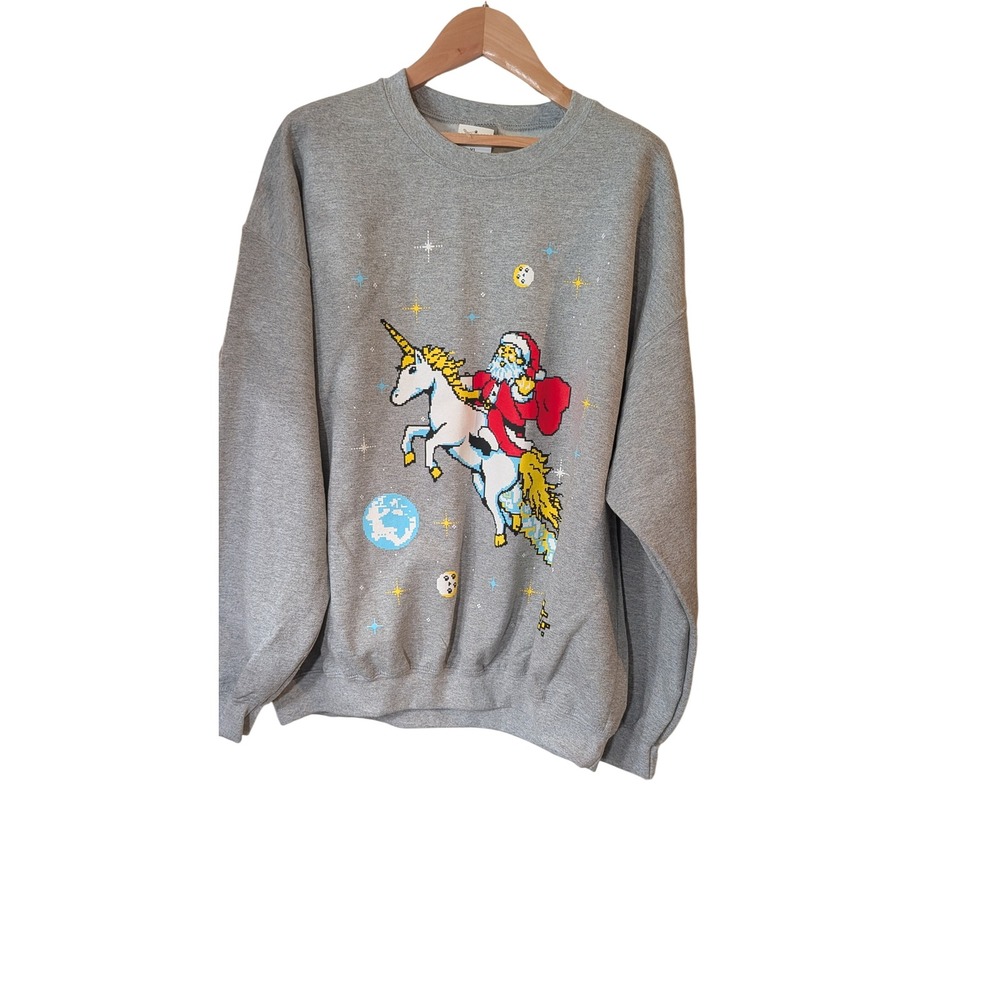 Gildan Heavy Blend Santa Riding Unicorn Pixel Art Space Sweatshirt Grey XL